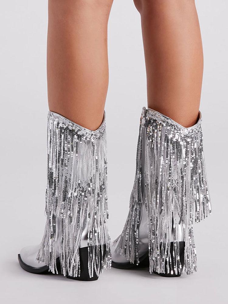 Metallic Sequin Fringed Zipper Pointy Chunky Heeled Western Cowgirl Ankle Boots