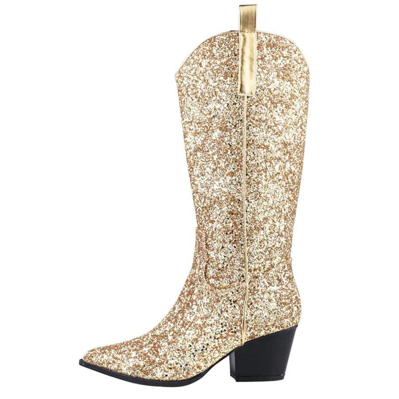 Glitter Zipper Pointy Mid Calf Cowgirl Boots In Gold Silver Black