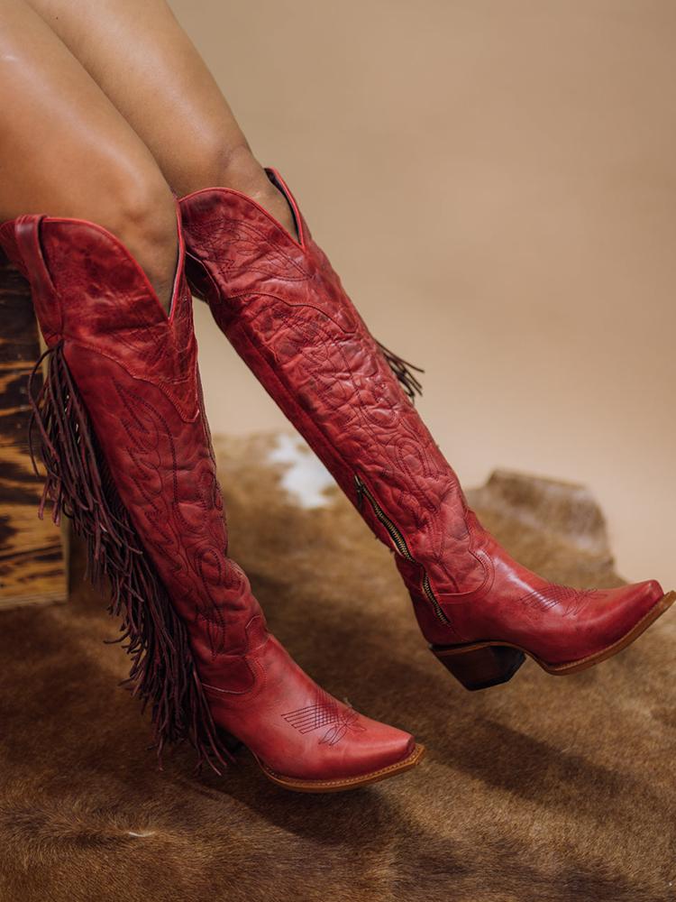 Eagle Wing Embroidered Fringe Snip Zip Knee High Western Boots