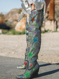 Multicolored Star Rhinestone Pointy Slip-On Over-Knee Thigh-High Western Boots