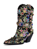 Metallic Black Satin Floral Embroidery Rhinestone Mid Calf Cowgirl Boots With Ankle Strap