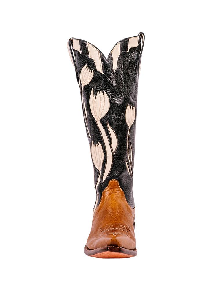 White Tulip Applique Embroidery Snip Wide Mid Calf Western Boots - Contrast Brown Black