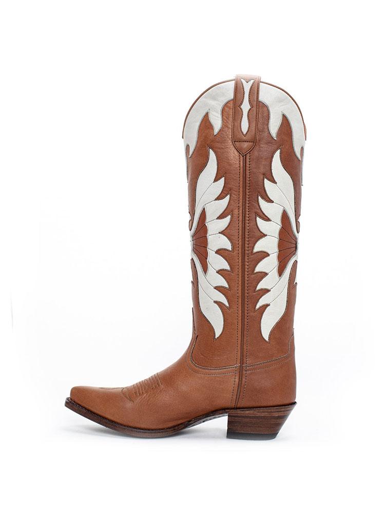 Brown Eagle Inlay Wide Mid Calf Western Boots With Pointed Toe