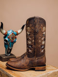 Brown Distress Floral Embroidered Stud Square Wide Calf Tall Cowgirl Retro Boots For Wide Fit