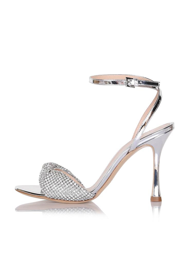 Metallic Silver Rhinestone Twist Strap Flared Heel Dress Sandals With Buckle Ankle Strap