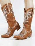 Brown Embroidery Studs Snip-toe Wide Calf Cowgirl Boots