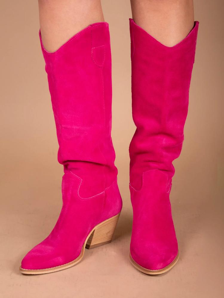 Pink Slouched Round Toe Slanted Heel Cowgirl Mid Calf Boots