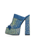 Iridescent Rhinestones Frayed Open-toe Slip-on Denim Platform Sandals