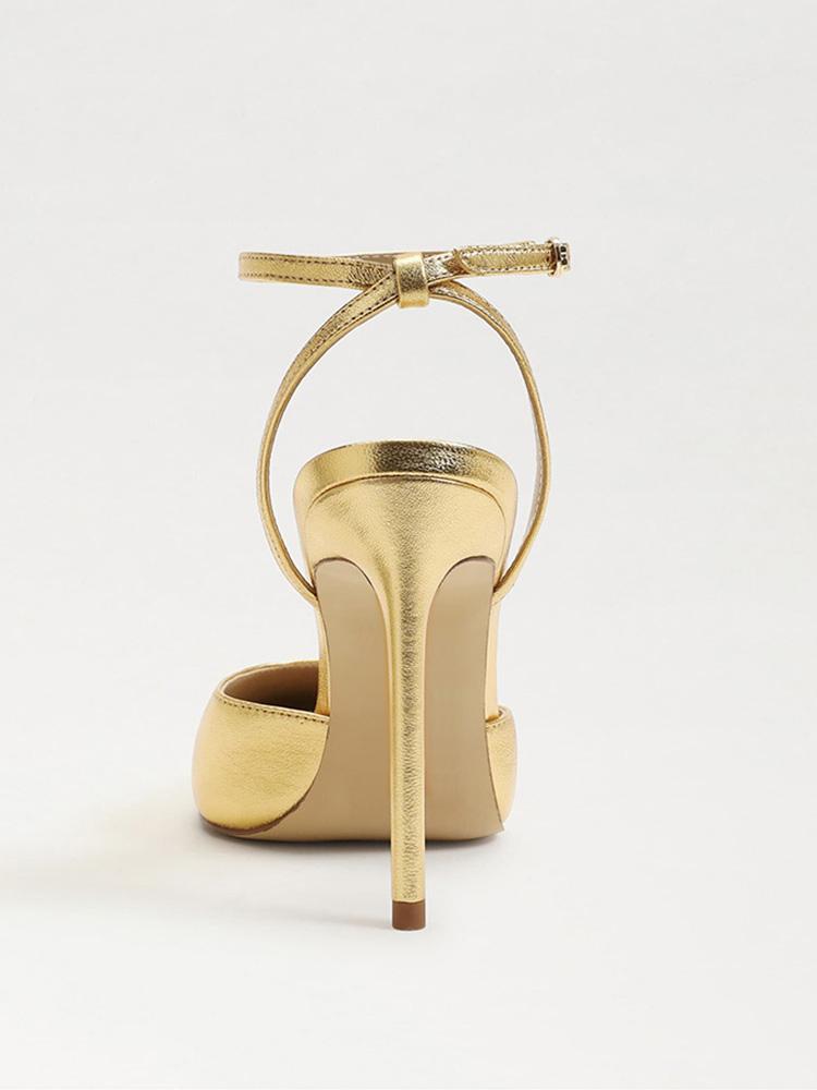 Metallic Gold Buckle Ankle Strap Pointy Stiletto Heeled Pumps