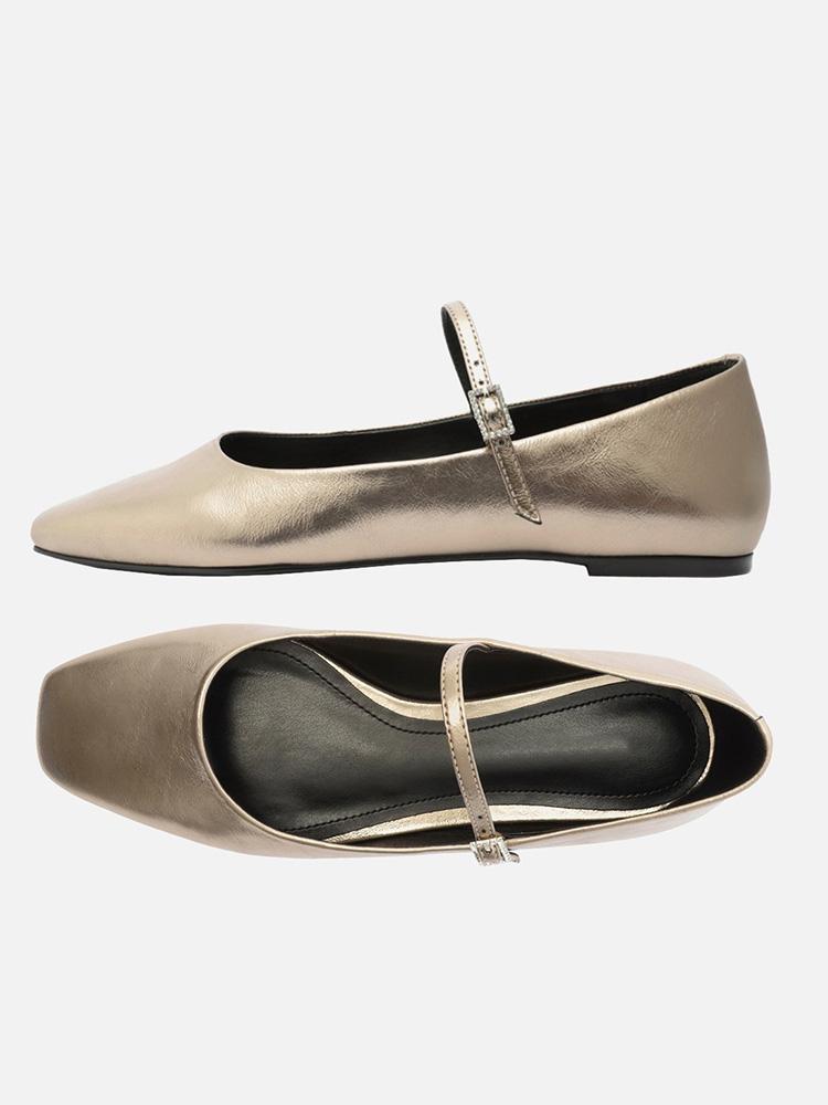 Metallic Buckled Strap Square Ballet Flats Mary Jane