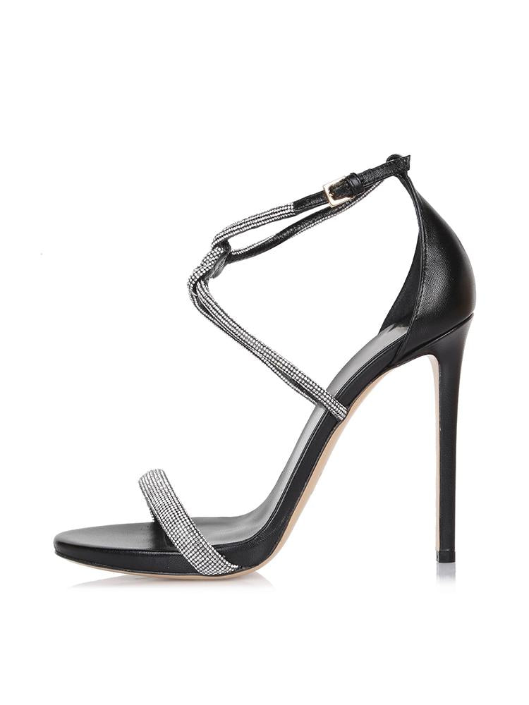 Metallic Sparkly Rhinestone Knot Round Stiletto Heel Dress Sandals With Buckle Ankle Strap