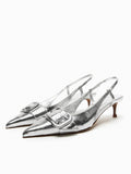 Metallic Silver Buckle Detail Slingback Pumps With Pointy Toe Kitten Heel