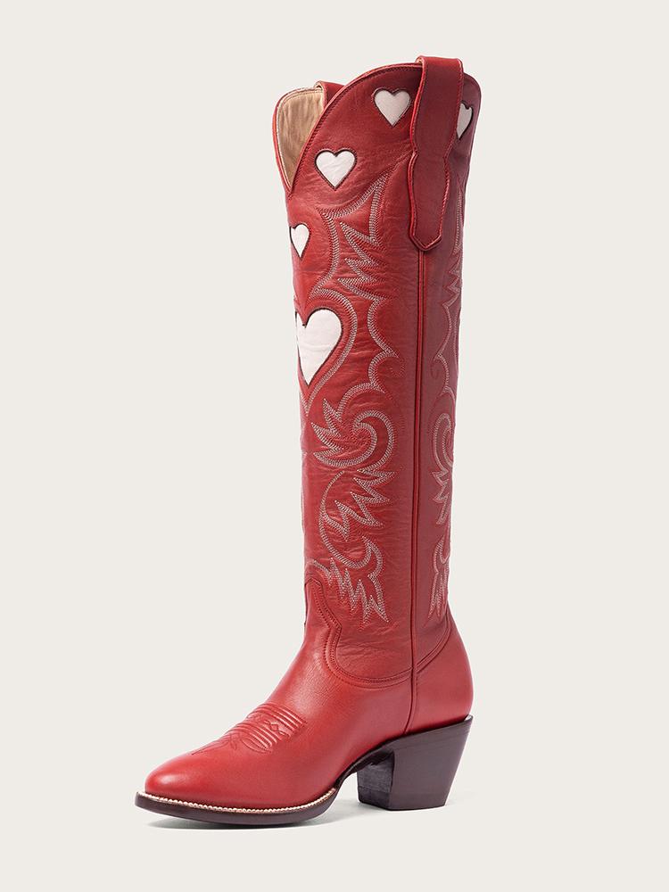 Red Embroidered Inlay Heart Wide Calf Knee High Boots Round Toe Heeled Cowgirl Boots