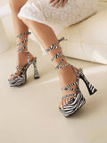 Zebra-stripe Multi-strap Square-toe Flared Heel Platform Sandals With Self-tie