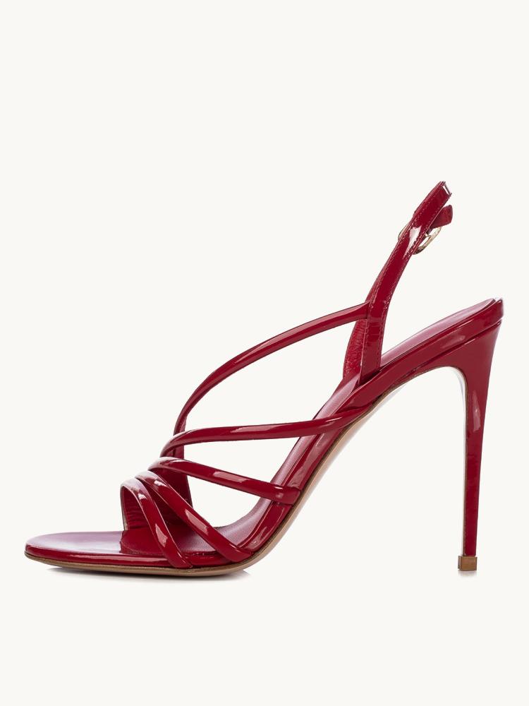 Red Patent Strap Round Toe Stiletto Heeled Slingback Sandals For Women