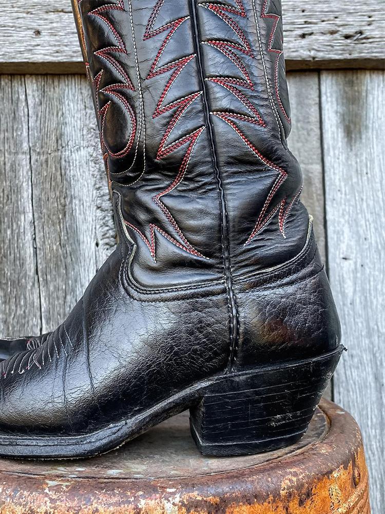 Black Vegan Leather Embroidery Round-toe Slip-on Wide Mid-Calf Cowgirl Boots With Chunky Heel