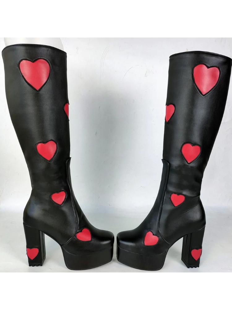 Pink Red Heart Square Toe Block Heel Gogo Platform Knee High Boots