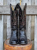 Black Vegan Leather Embroidery Round-toe Slip-on Wide Mid-Calf Cowgirl Boots With Chunky Heel