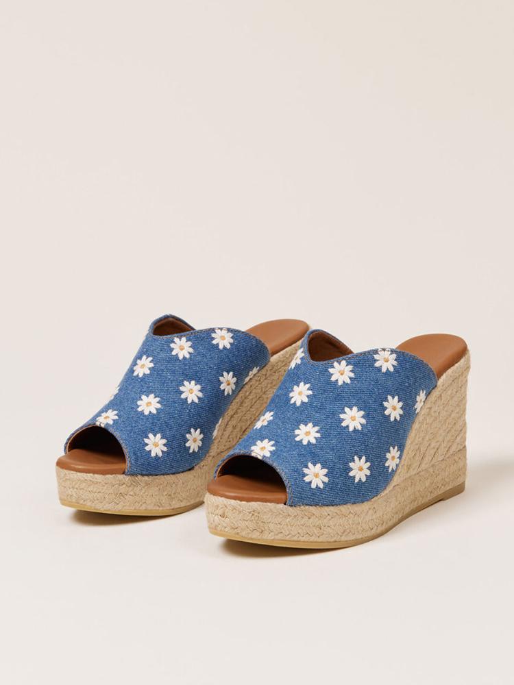 Denim Blue Daisy Embroidered Round Single Band Backless Slp-On Raffia Wdege Espadrilles Sandals