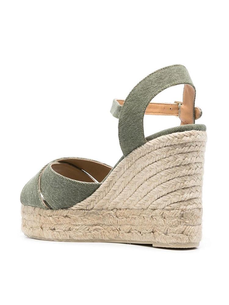 Oliva Green Cloth Cross Bands Open-toe Espadrille Wedge Sandals With Buckle Ankle Strap