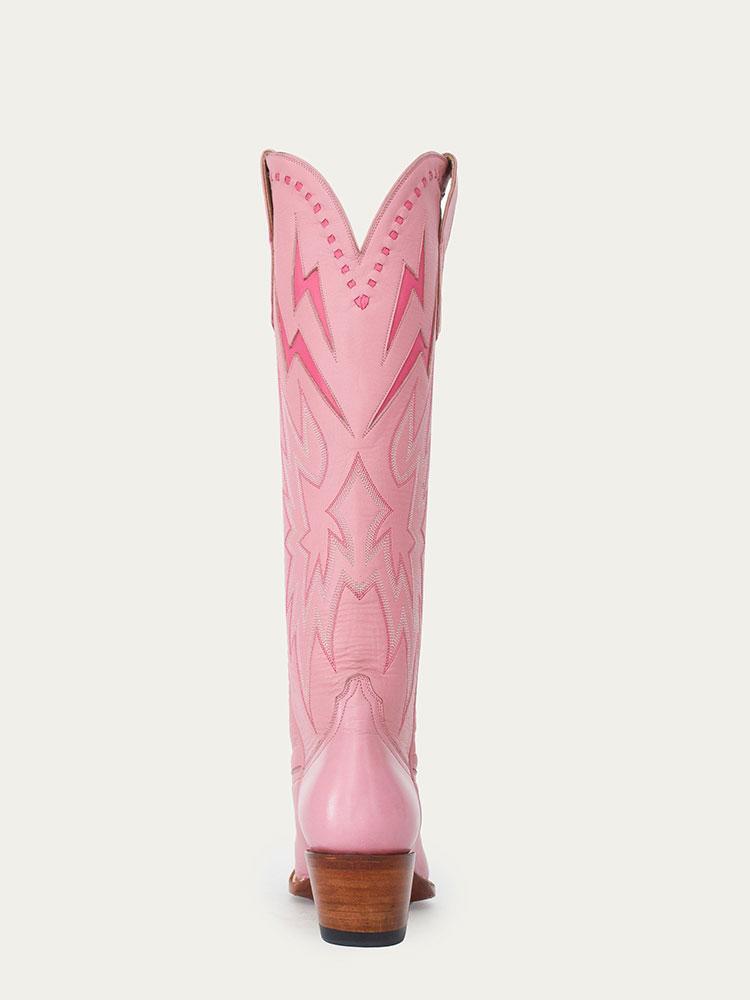 Pink Inlay Lightning Stitch Knee High Boots Slip-On Round Cowgirl Heeled Boots