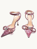 Pink Clear Rhinestone Double Bow Pointy Flared Pumps With Ankle Wrap Strap