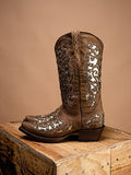 Filigree Cutout Embroidered Sparkling Inlay Stud Snip Wide Mid Calf Cowgirl Genuine Leather Boots