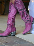 Pink Studded Pointy Mid-Calf Western Boots