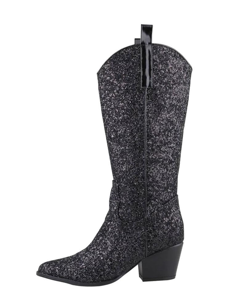 Glitter Zipper Pointy Mid Calf Cowgirl Boots In Gold Silver Black