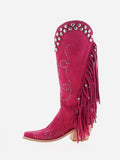 Pink Stud Fringe Stitch Zipper Pointy Cowgirl Mid Calf Boots