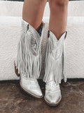 Metallic Stud Fringe Wide Mid Calf Boots Pointed Toe Block Heeled Western Cowgirl Boots