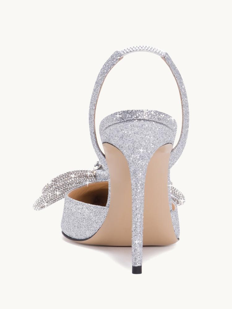 Silver Glitter Rhinestone Double Bow Slingback Pumps With Pointed Toe Stiletto Heel