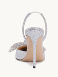 Silver Glitter Rhinestone Double Bow Slingback Pumps With Pointed Toe Stiletto Heel