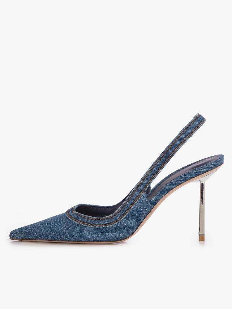 Denim Blue Pointy Slingback Pumps With Metallic Silver Stiletto Heel