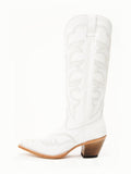 White Embroidered Pointed-toe Slip-on Wide Mid-Calf Western Boots With Chunky Heel