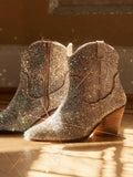 Silver Sparkly Rhinestone Round Toe Zipper Slanted Heel Western Ankle Boots