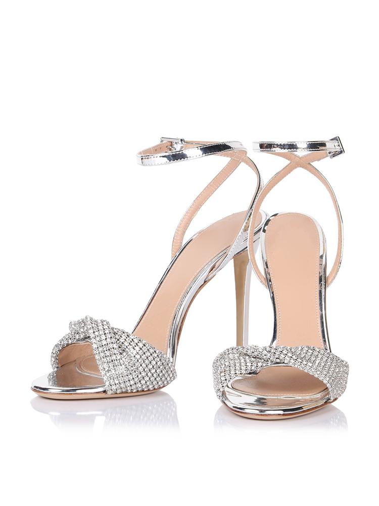 Metallic Silver Rhinestone Twist Strap Stiletto Heel Dress Sandals With Buckle Ankle Strap