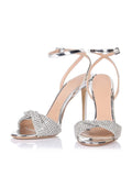 Metallic Silver Rhinestone Twist Strap Stiletto Heel Dress Sandals With Buckle Ankle Strap