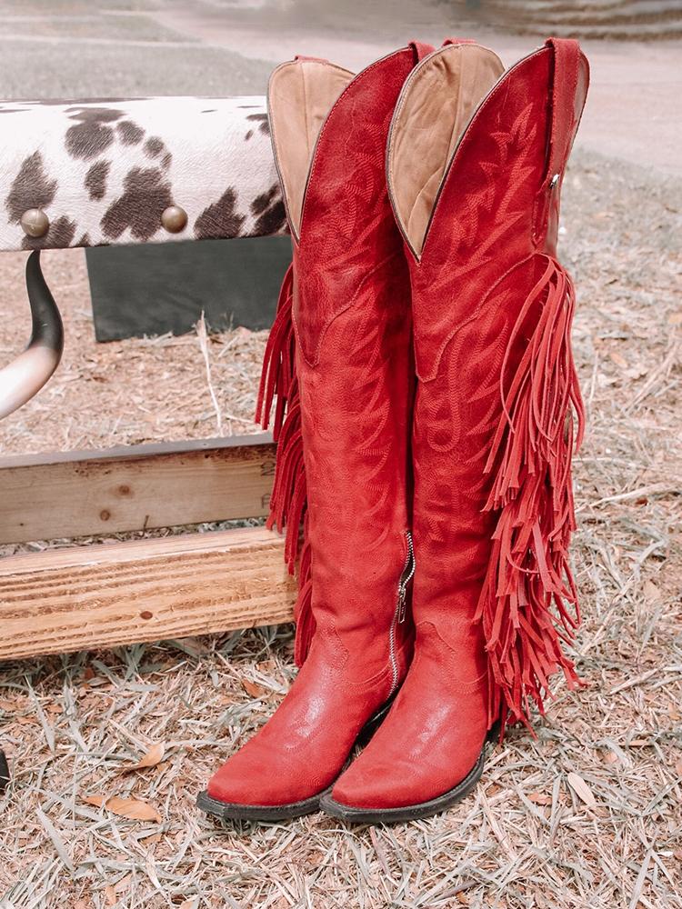 Red Fringe Embroidered Snip Zipper Knee High Cowgirl Boots