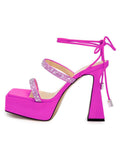 Rhinestone Square-toe Two Bands Chunky High Heel Fashion Platform Sandals With Self-tie