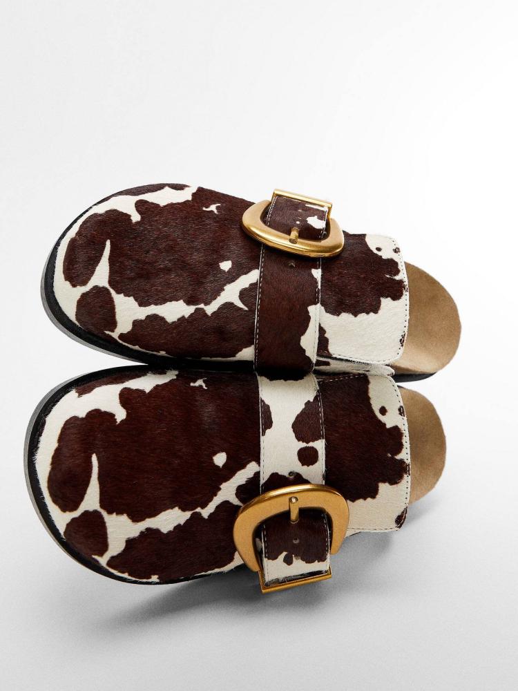 Brown Cow Print Faux Fur Buckled Strap Round Slip-On Flat Mules Cork Clogs