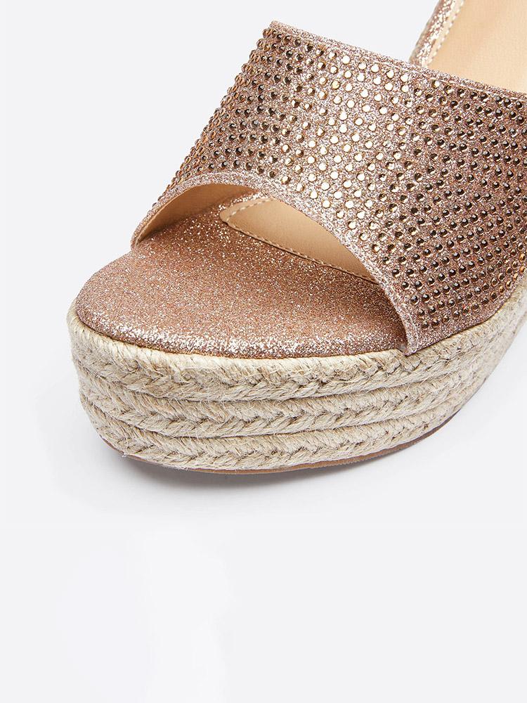 Champagne Single Band With Rhinestones Open-toe Slip-on Espadrille Wedge