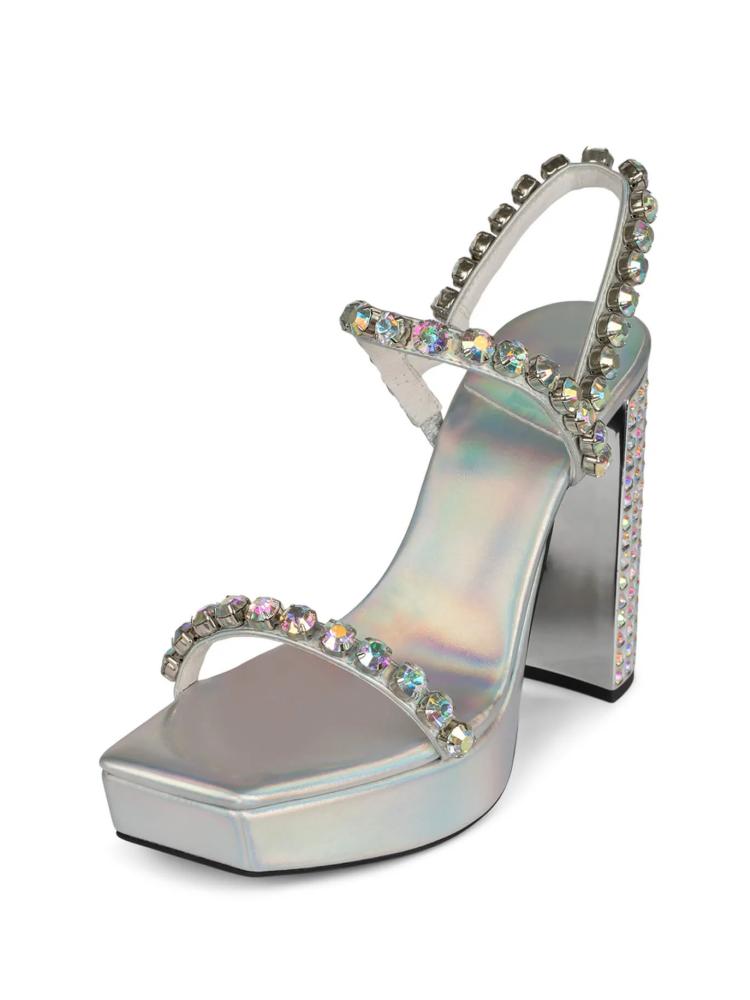 Iridescent Rhinestone Platform Chunky Heeled Sandals With Square Toe Ankle Strap Buckle