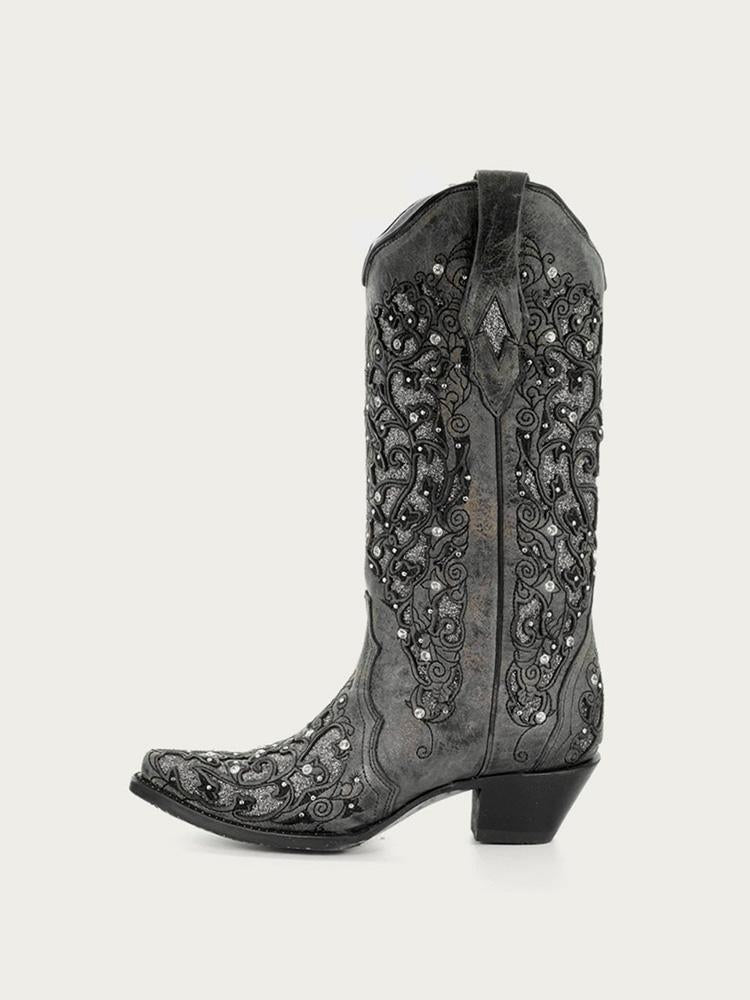 Rhinestones Cut-out Embroidery Snip-toe Wide Calf Cowgirl Boots