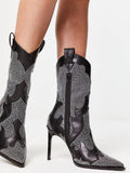 Black Rhinestone Stiletto Heeled Zip Cowgirl Western Ankle Boots