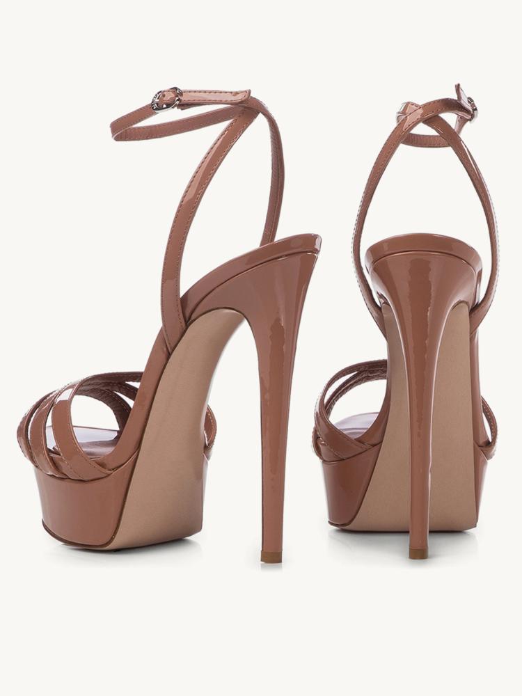 Brown Patent Platform Stiletto Heeled Sandals With Round Toe Ankle Strap