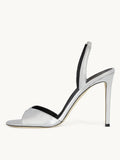 Metallic Silver Slingback Sandals With Round Toe Stiletto Heel