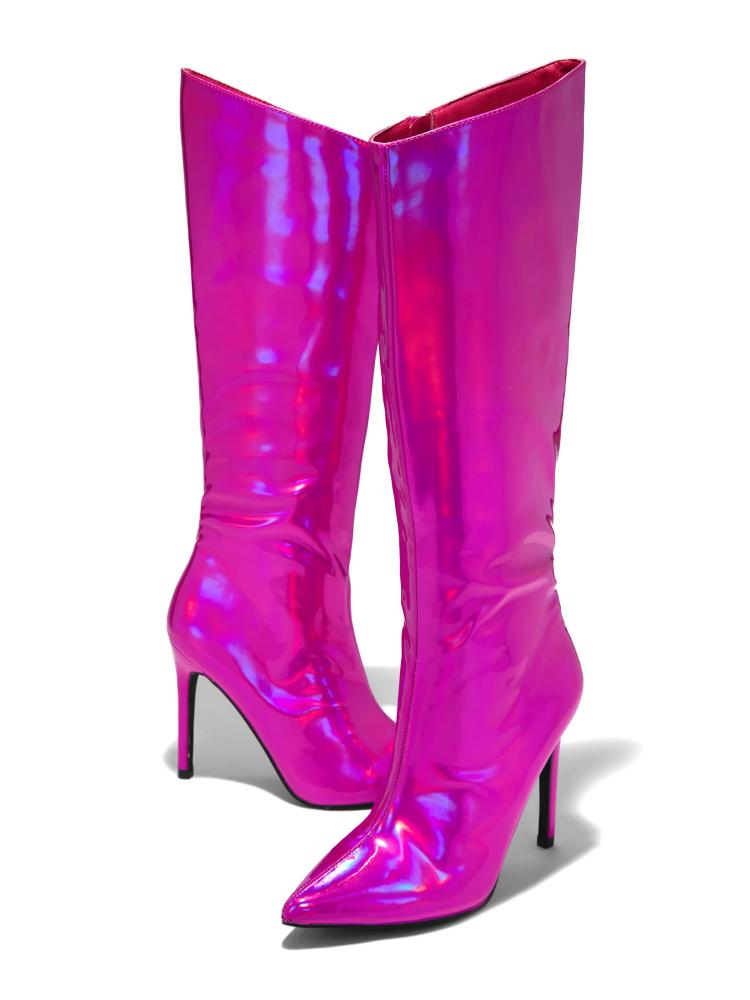 Metallic Mirror Iridescent Zip Pointy Stiletto Heeled Mid Calf Boots For Women