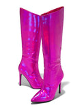 Metallic Mirror Iridescent Zip Pointy Stiletto Heeled Mid Calf Boots For Women