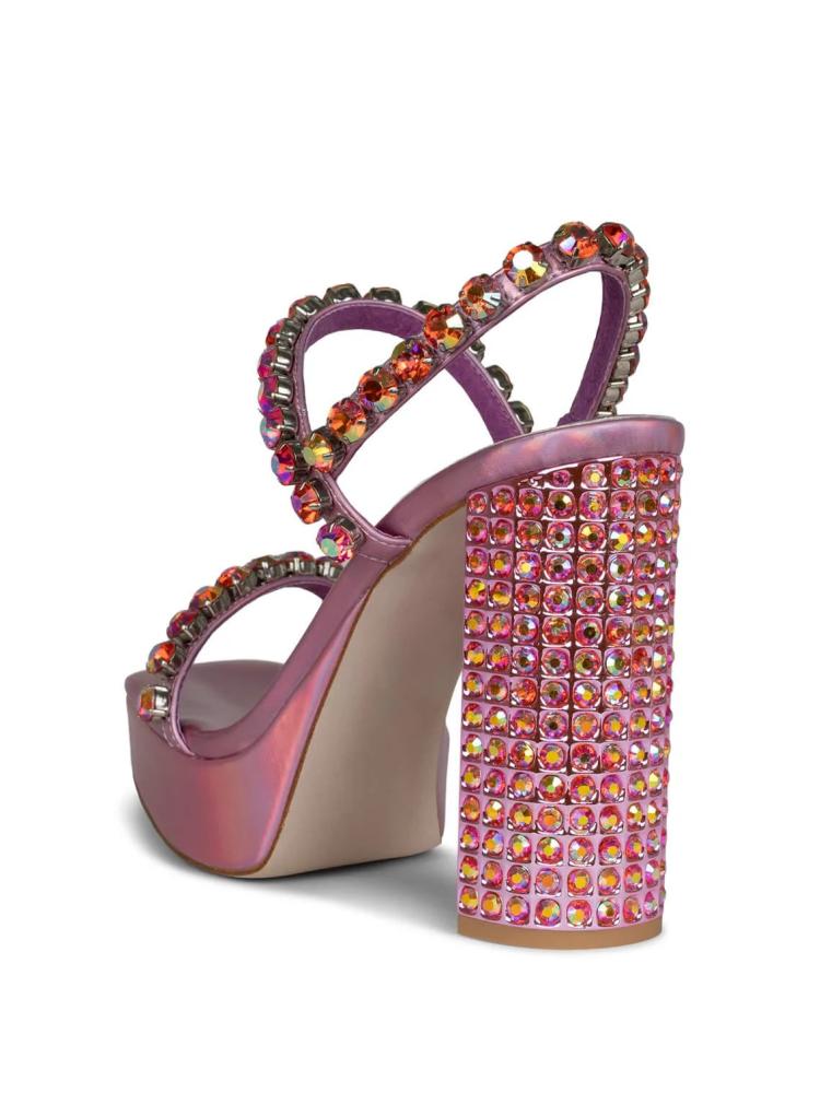 Iridescent Rhinestone Platform Chunky Heeled Sandals With Square Toe Ankle Strap Buckle